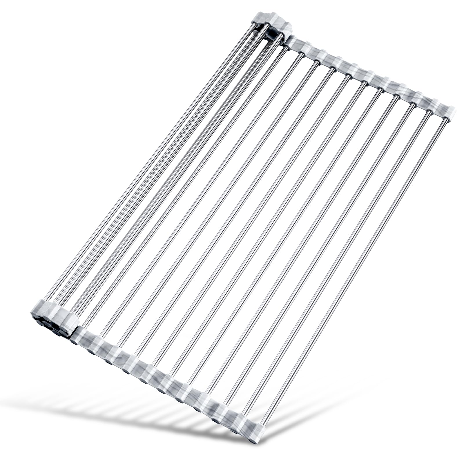 Tomorotec 17.7" x 15.5" Roll Up Dish Drying Rack Over Sink Drying Rack Sink Cover Kitchen Sink Accessories Gadget Multipurpose Organizer Foldable Stainless Steel Drainer (Grey)